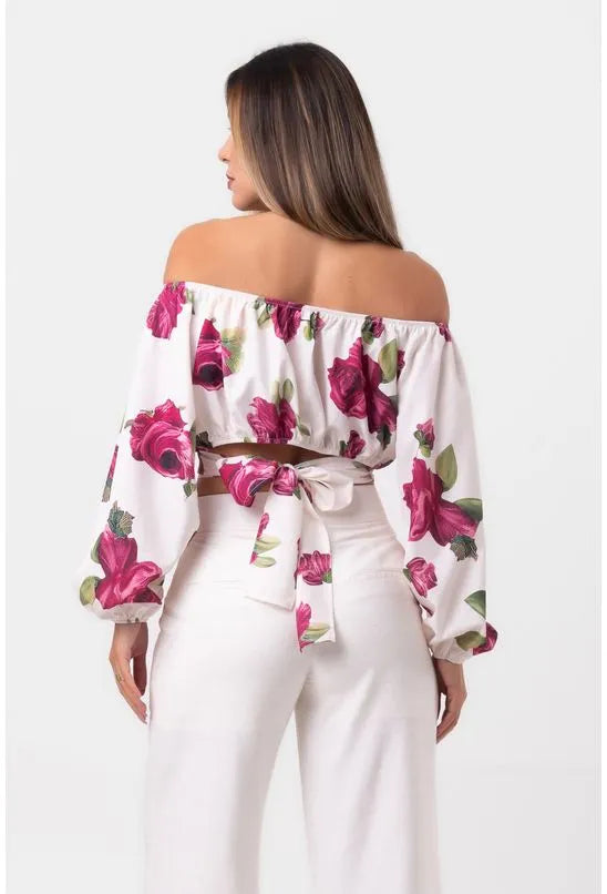 BLUSA CROPPED OMBRO A OMBRO DETALHE AMARRAÇÃO CNTURA FLORAL OFF WHITE