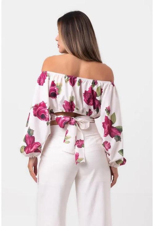 BLUSA CROPPED OMBRO A OMBRO DETALHE AMARRAÇÃO CNTURA FLORAL OFF WHITE