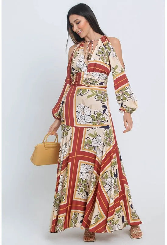 VESTIDO LONGO FLORAL BARRADO ALL IS LOVE