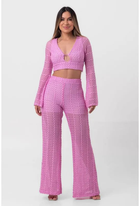 CALÇA RENDA FLARE ACINTURADA ROSA LABRAVA