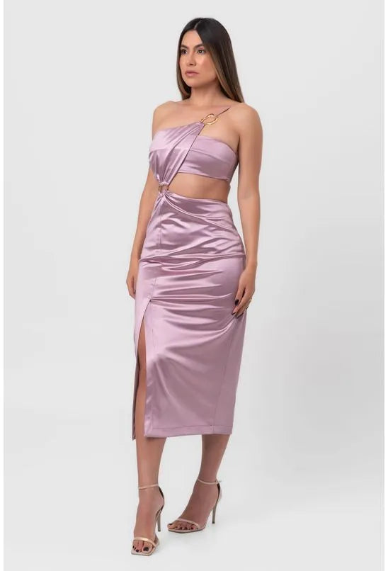 VESTIDO SATIN MIDI ARGOLAS E RECORTES VAZADOS ROXO LABRAVA