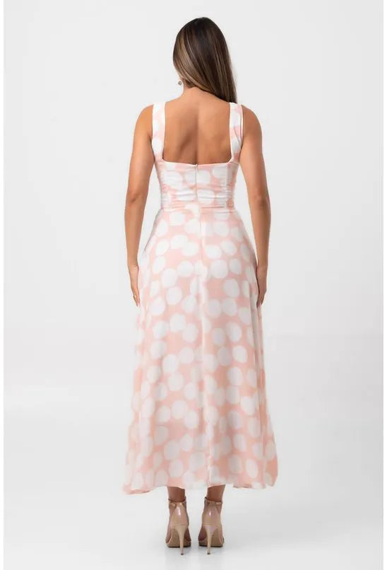 VESTIDO CREPE MIDI CORPETE POÁ ILUSION PEQUIÁ