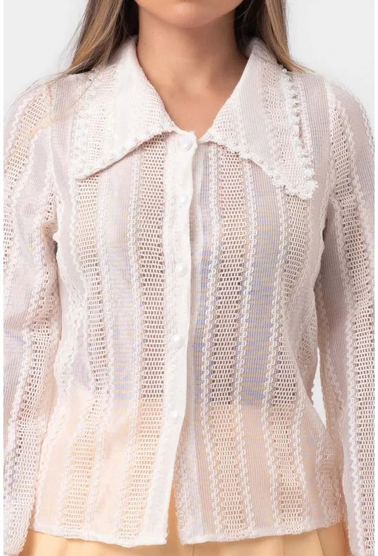 CAMISA MANGA LONGA DETALHE GOLA PEROLADA BEGE