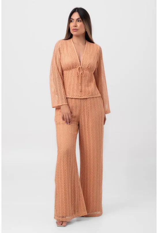 BLUSA RENDA DECOTE V BEGE LABRAVA