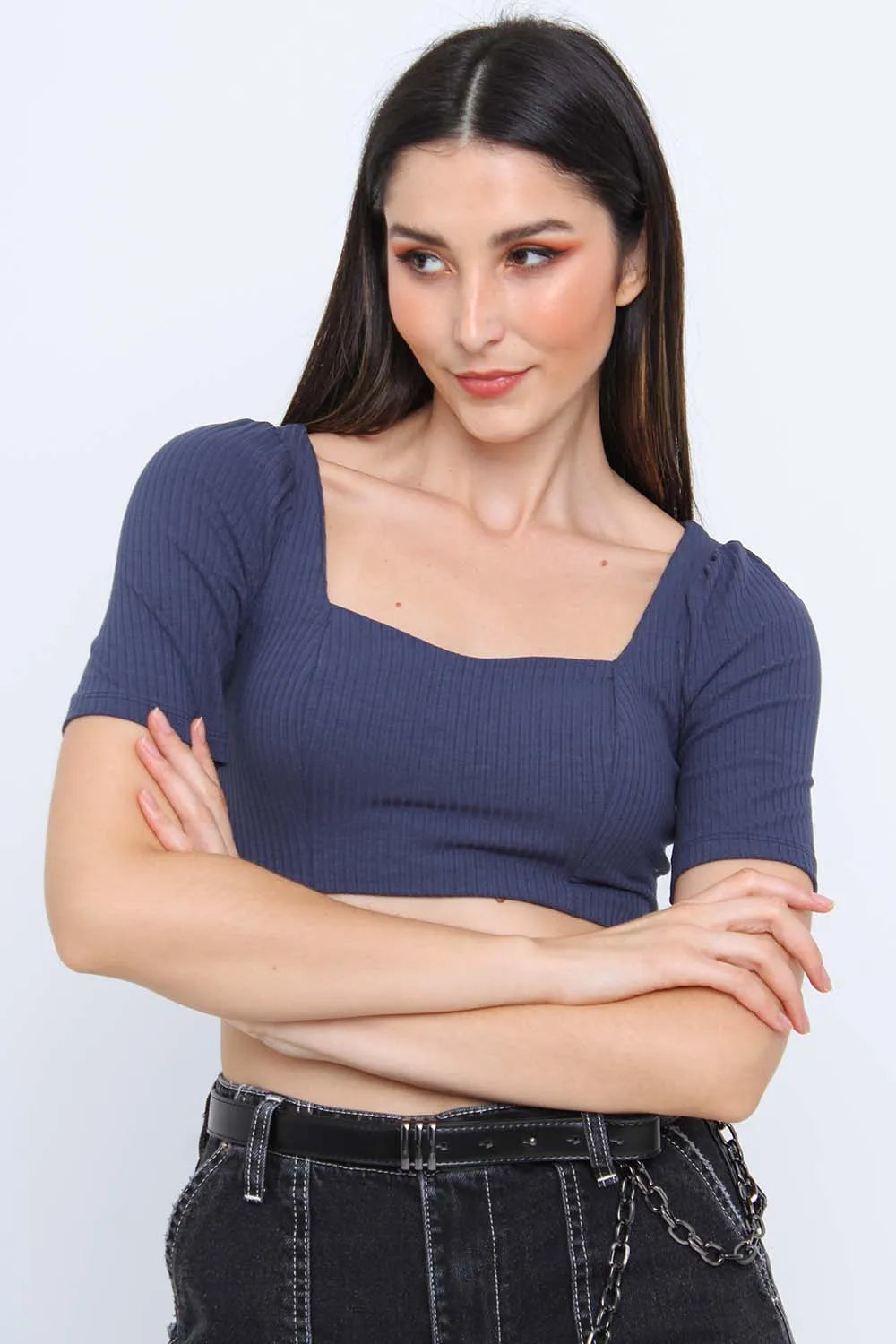 BLUSA CROPPED MANGA CURTA CANELADA AZUL PEQUIA