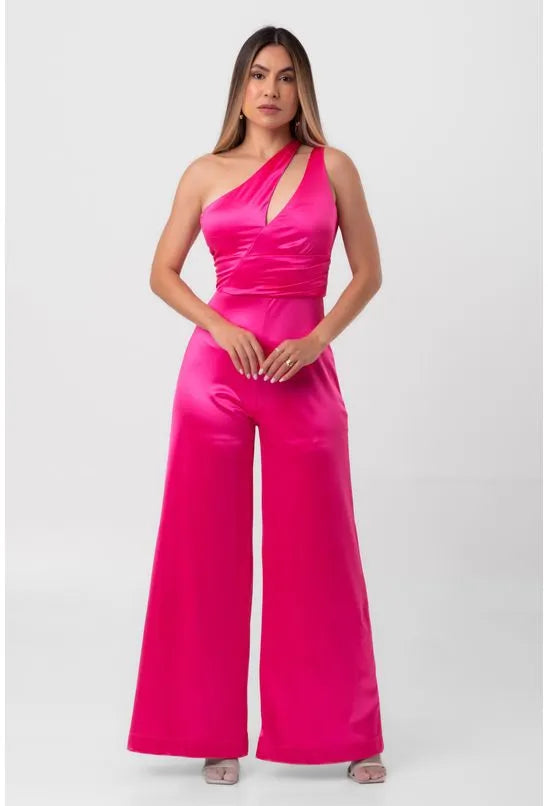 MACACÃO SATIN RECORTES ASSIMÉTRICO ROSA LABRAVA