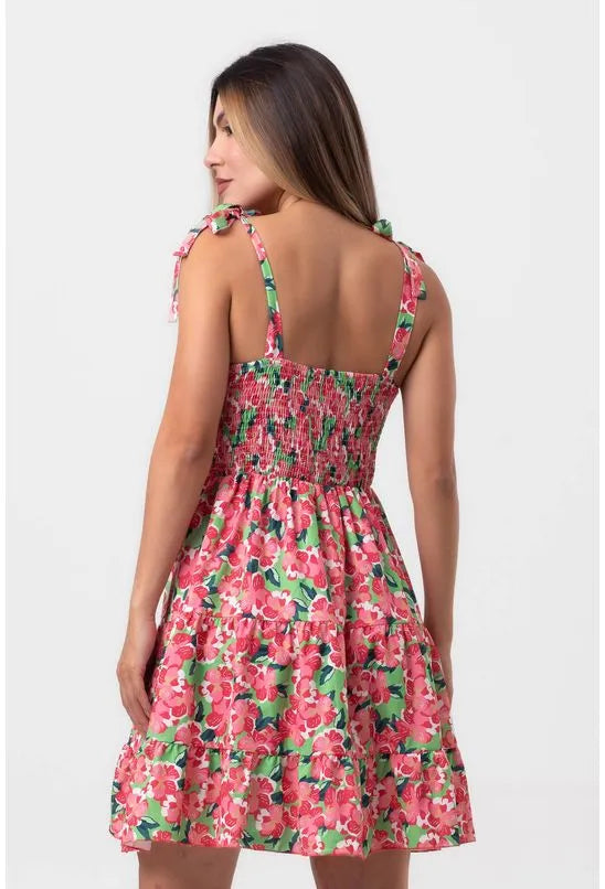 VESTIDO EVASÊ CINTURA MARCADA FLORAL ROSA
