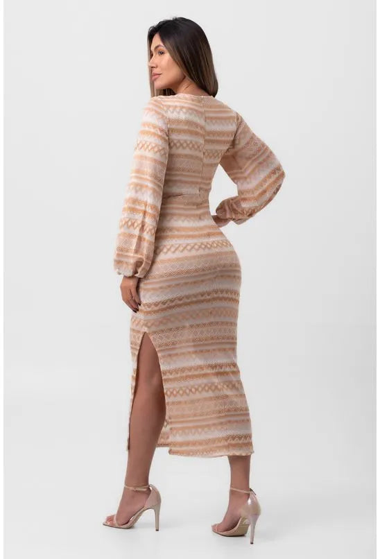 VESTIDO BORDADO MIDI ASSIMÉTRICO ETNIA BEGE LABRAVA