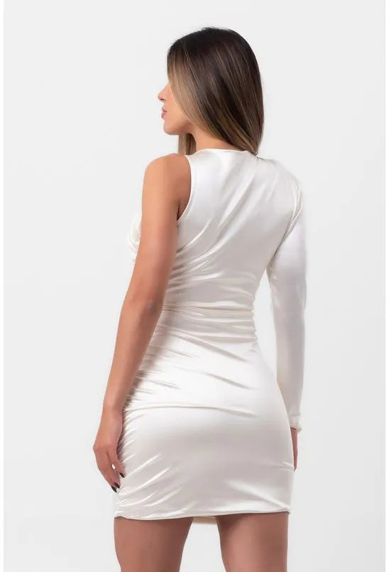 VESTIDO SATIN CURTO DRAPEADO ASSIMÉTRICO OFFWHITE LABRAVA