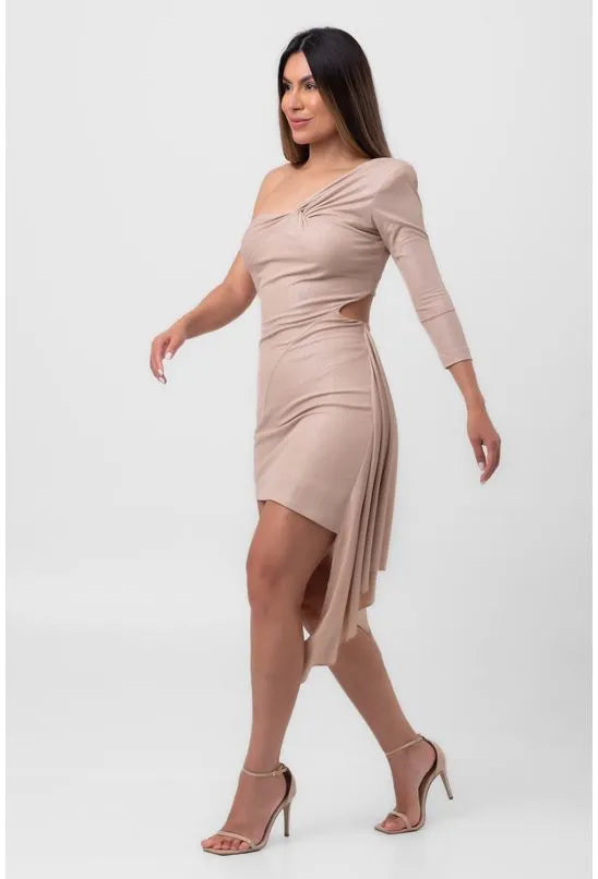 VESTIDO LUREX CURTO CALDA E TORÇÃO BEGE LABRAVA