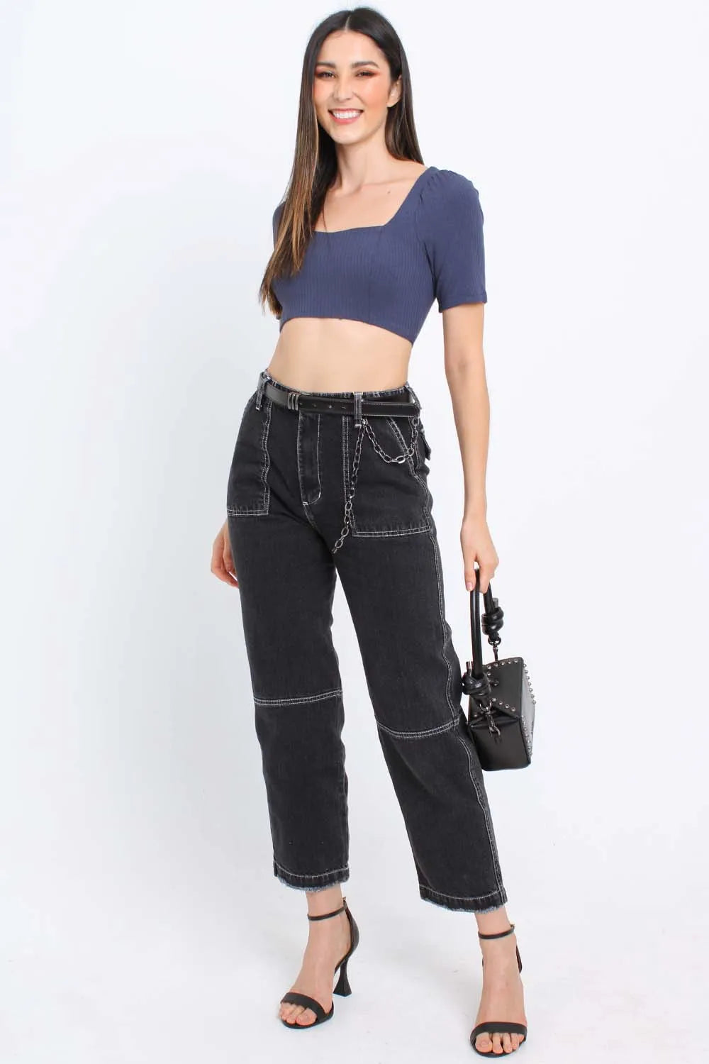 BLUSA CROPPED MANGA CURTA CANELADA AZUL PEQUIA