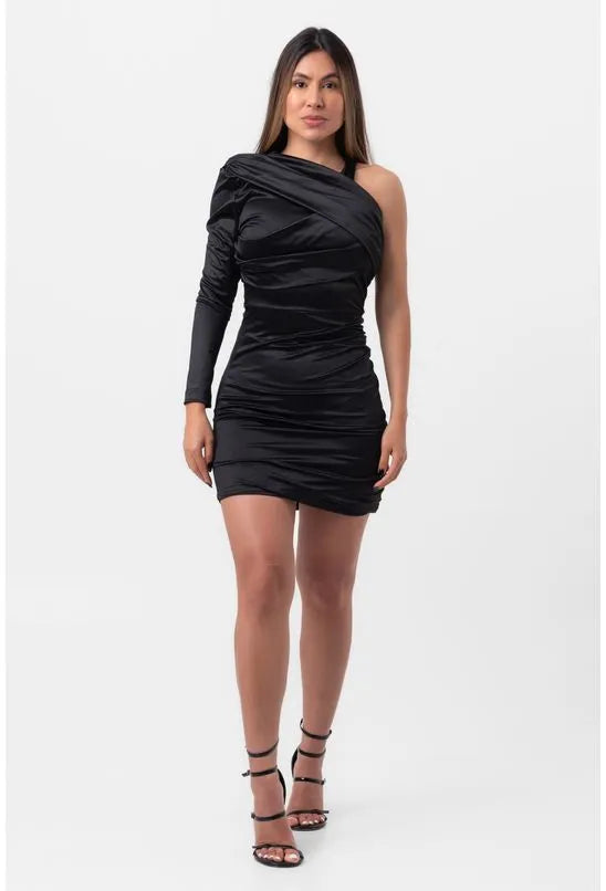 VESTIDO SATIN CURTO DRAPEADO ASSIMÉTRICO PRETO LABRAVA