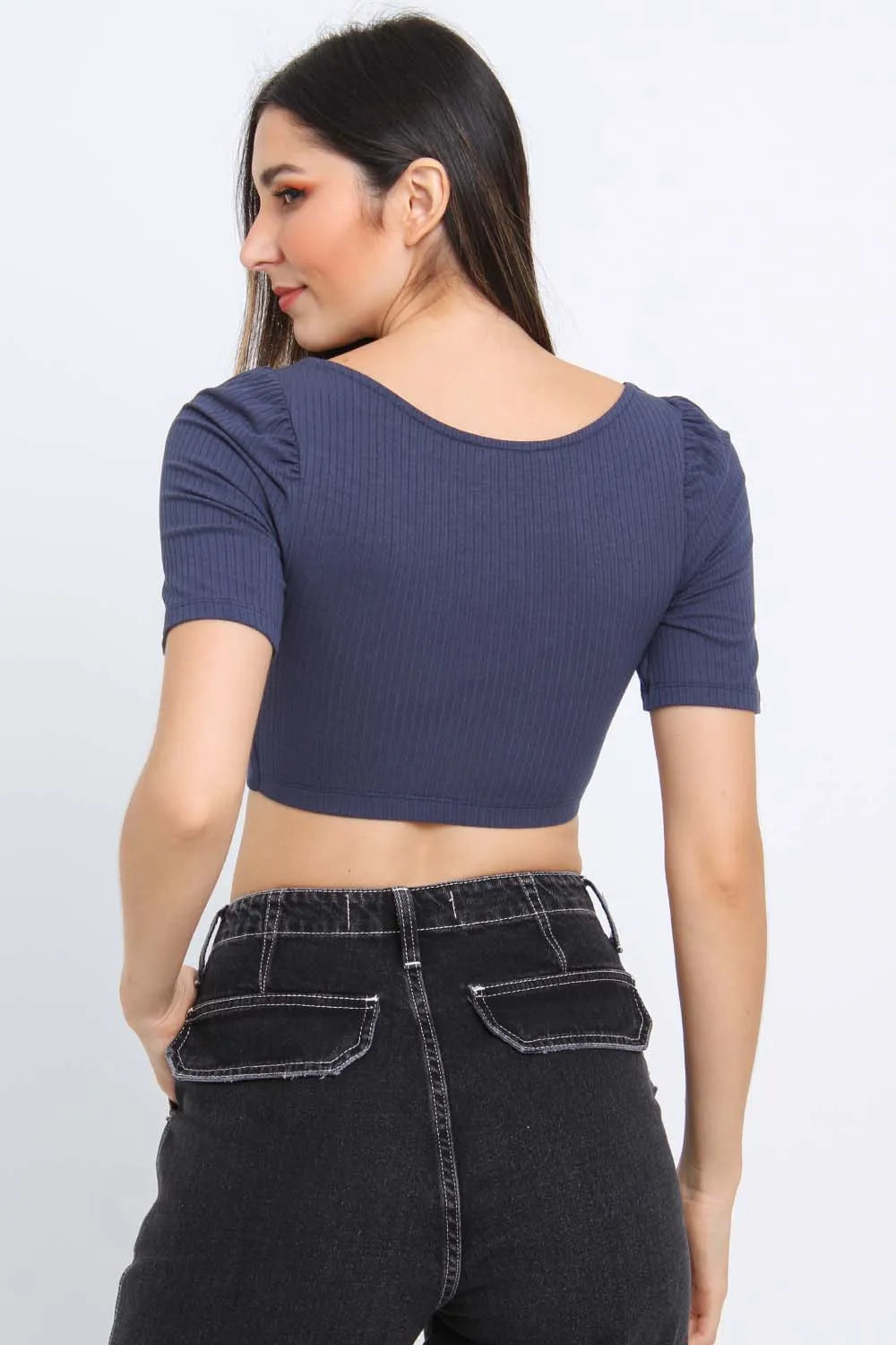 BLUSA CROPPED MANGA CURTA CANELADA AZUL PEQUIA