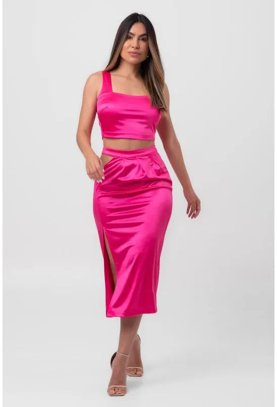 SAIA SATIN MIDI ASSIMÉTRICA ROSA LABRAVA