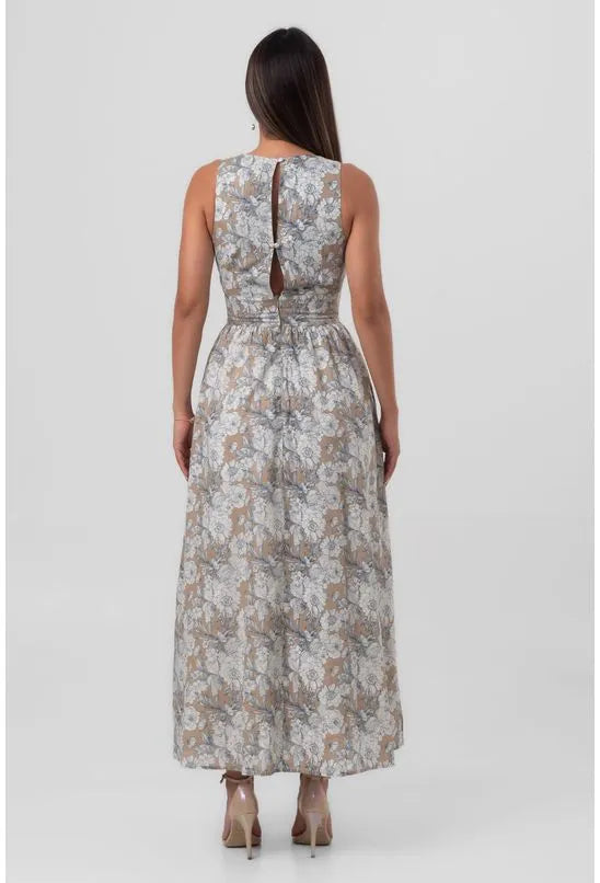 VESTIDO SUPER MIDI FLOR DO ORIENTE BEGE PEQUIÁ