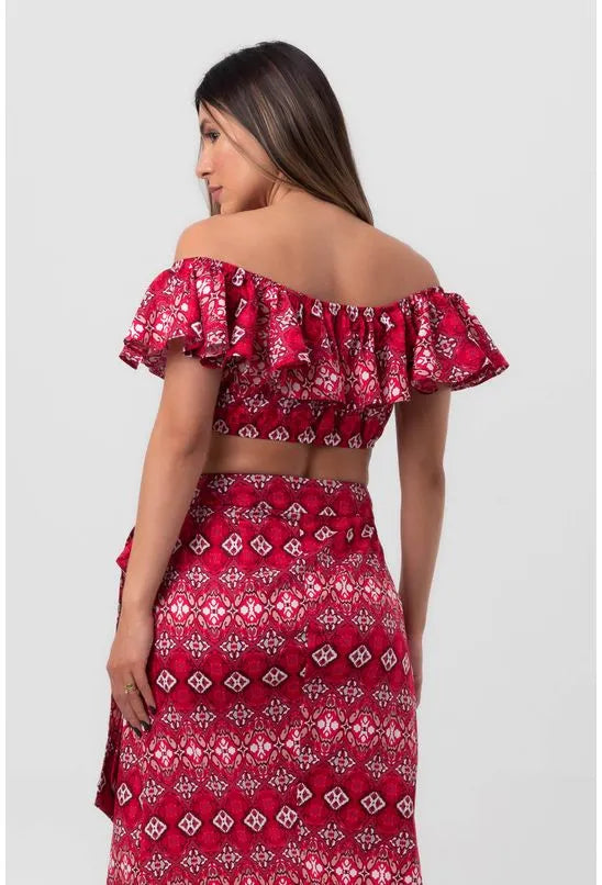 BLUSA TRICOLINE BABADO BOKEH VERMELHO PEQUIÁ