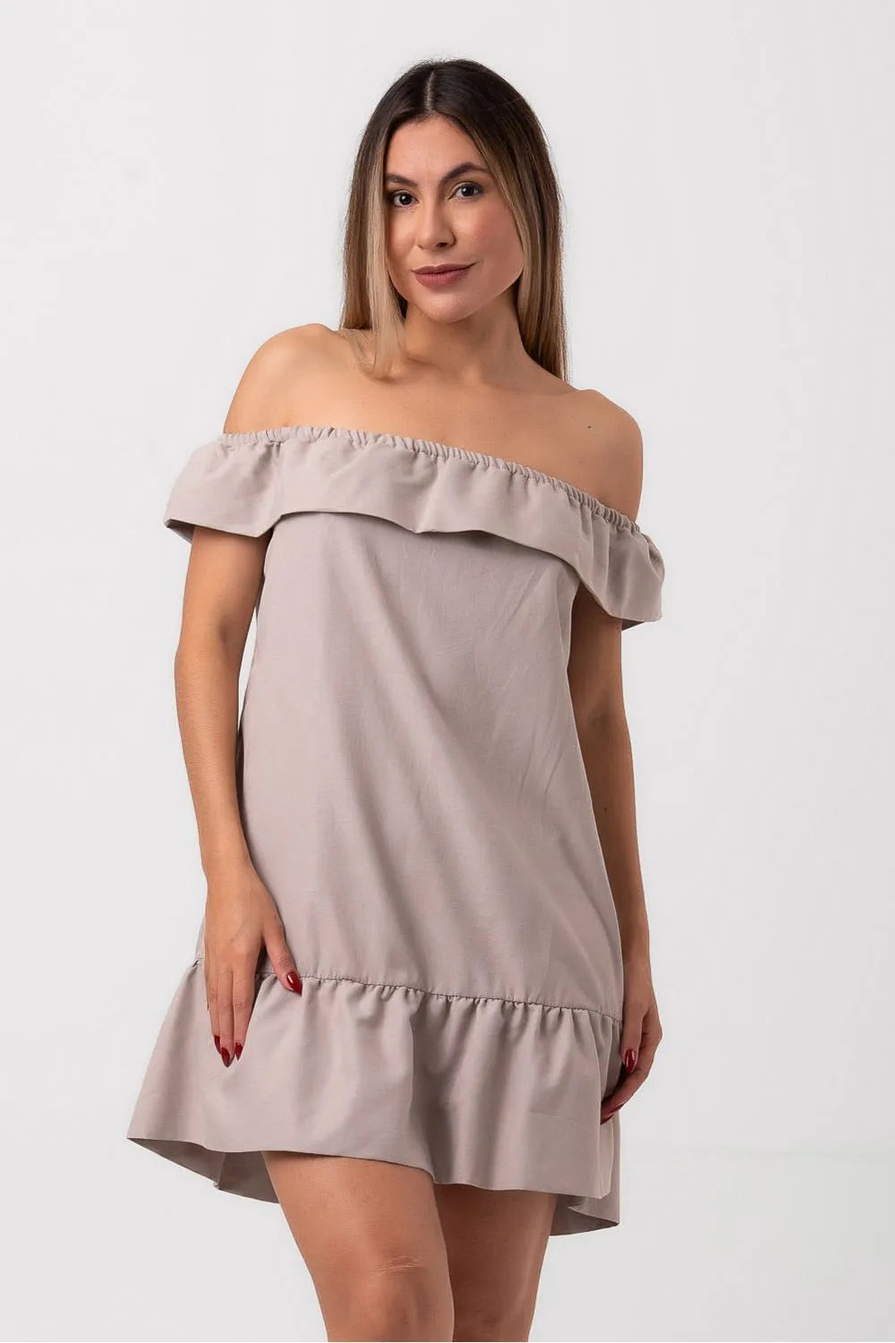 VESTIDO JACQUARD CURTO BALONÊ SUSPIRO BEGE PEQUIÁ