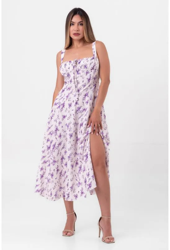 VESTIDO MIDI CORSET FLORAL OFFWHITE E ROXO