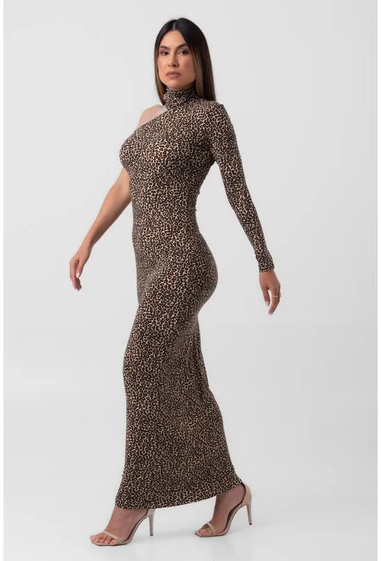 VESTIDO LONGO ASSIMÉTRICO ONÇA MULTICOLORIDO PEQUIÁ
