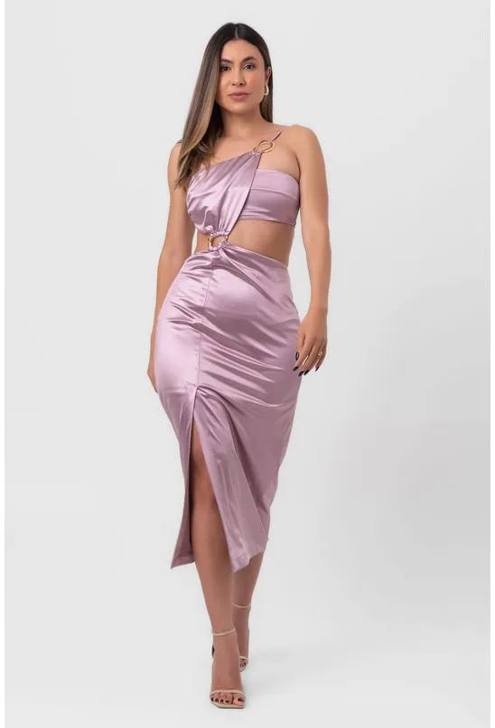 VESTIDO SATIN MIDI ARGOLAS E RECORTES VAZADOS ROXO LABRAVA