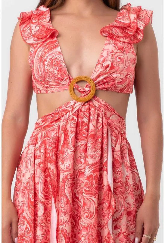 VESTIDO LONGO RECORTES LATERAIS ROSA