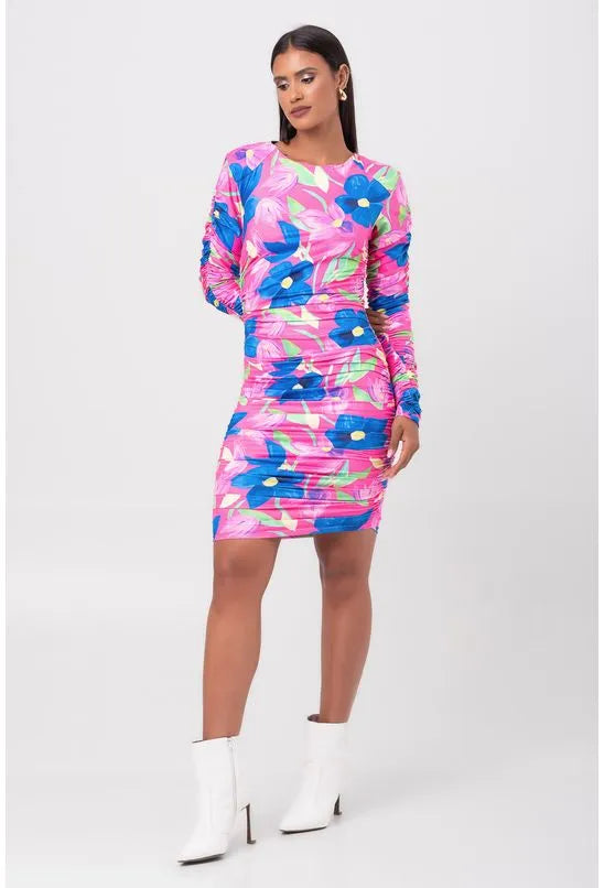 VESTIDO CURTO FRANZIDO ESTAMPADO LANÇA PERFUME