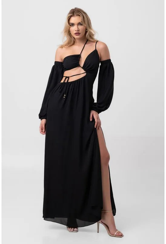 VESTIDO LONGO RECORTES PRETO LABRAVA