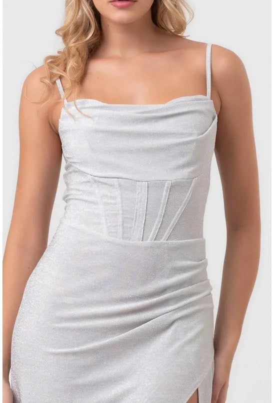 VESTIDO LONGO ALÇA FINA COM FENDA LATERAL PRATA