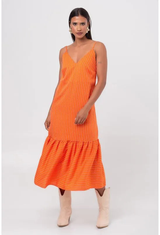 VESTIDO MIDI LISTRADO LARANJA PEQUIÁ