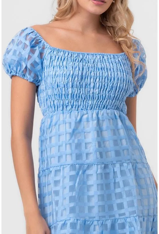 VESTIDO MIDI DE RENDA COM MANGAS BUFANTES AZUL