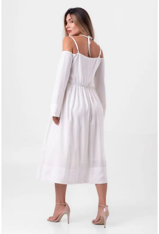 VESTIDO VISCOSE MIDI AMARRAÇÃO DECOTE OFF WHITE LABRAVA