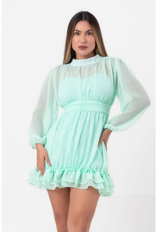 VESTIDO CURTO COM BABADOS VERDE