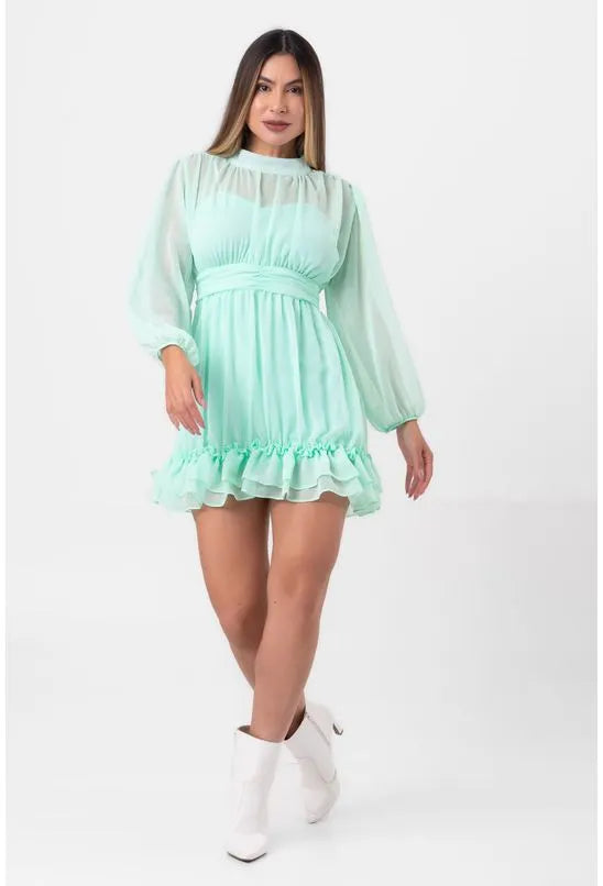 VESTIDO CURTO COM BABADOS VERDE