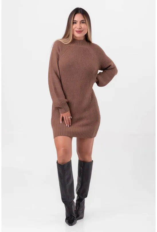 VESTIDO DE TRICÔ GOLA ALTA MARROM