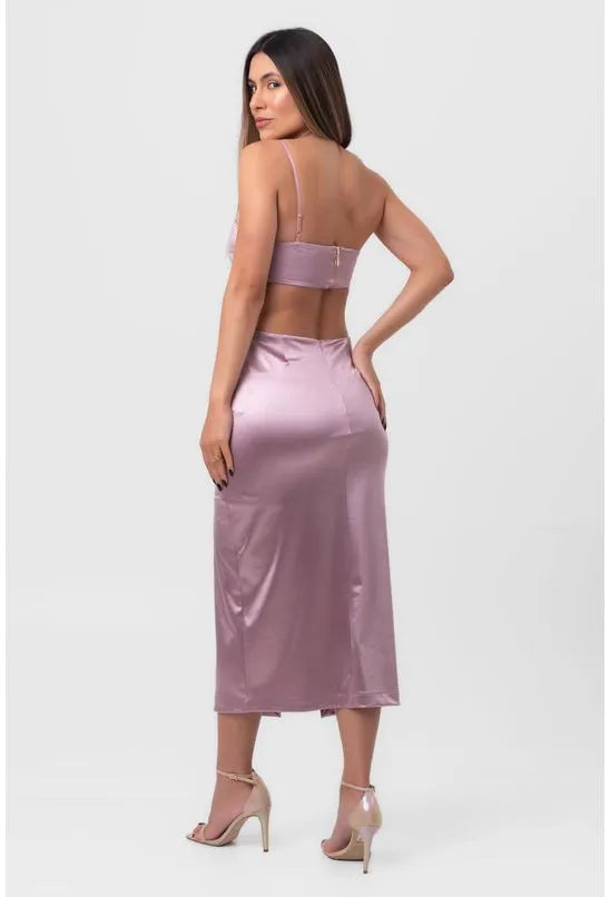 VESTIDO SATIN MIDI ARGOLAS E RECORTES VAZADOS ROXO LABRAVA