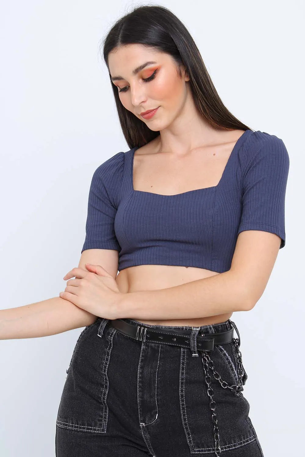 BLUSA CROPPED MANGA CURTA CANELADA AZUL PEQUIA