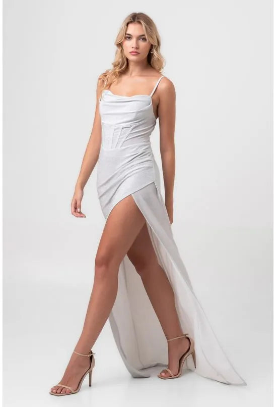 VESTIDO LONGO ALÇA FINA COM FENDA LATERAL PRATA