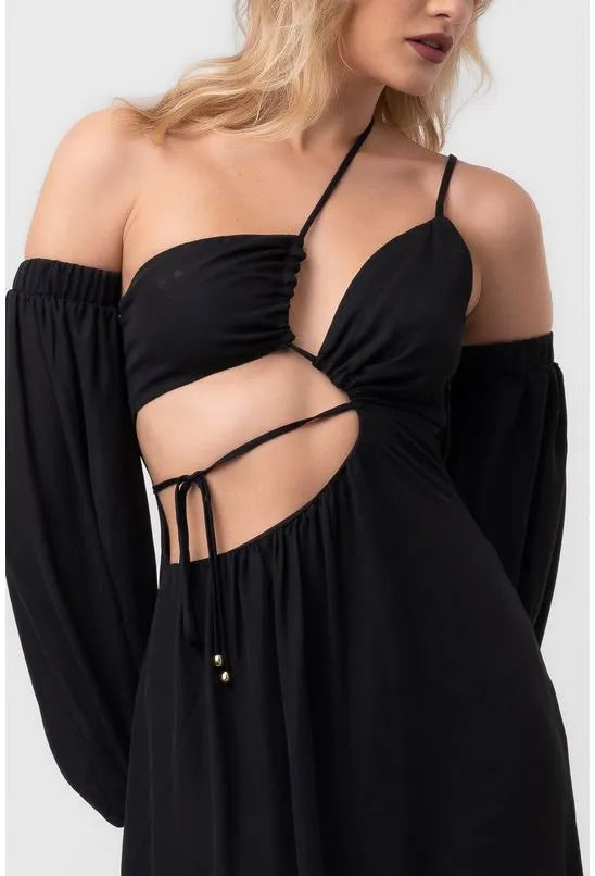 VESTIDO LONGO RECORTES PRETO LABRAVA