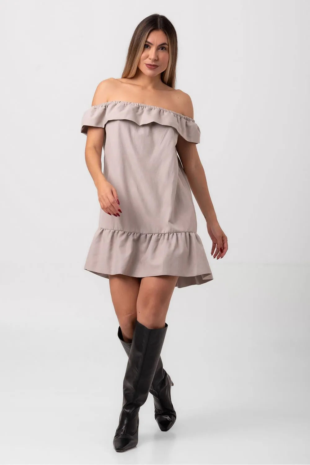 VESTIDO JACQUARD CURTO BALONÊ SUSPIRO BEGE PEQUIÁ