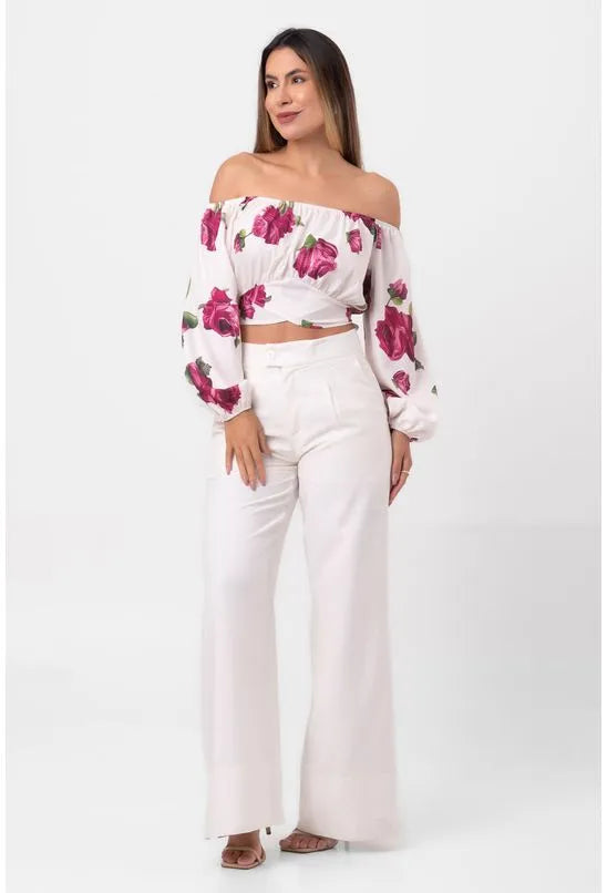 BLUSA CROPPED OMBRO A OMBRO DETALHE AMARRAÇÃO CNTURA FLORAL OFF WHITE