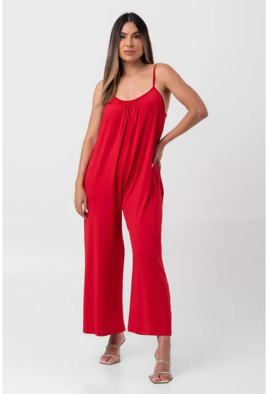 MACACÃO DE ALÇA CASUAL SOLTO COM BOLSO VERMELHO