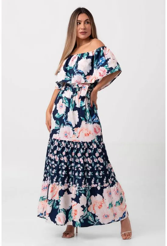 VESTIDO LIRIO LONGO OMBRO A OMBRO AZUL