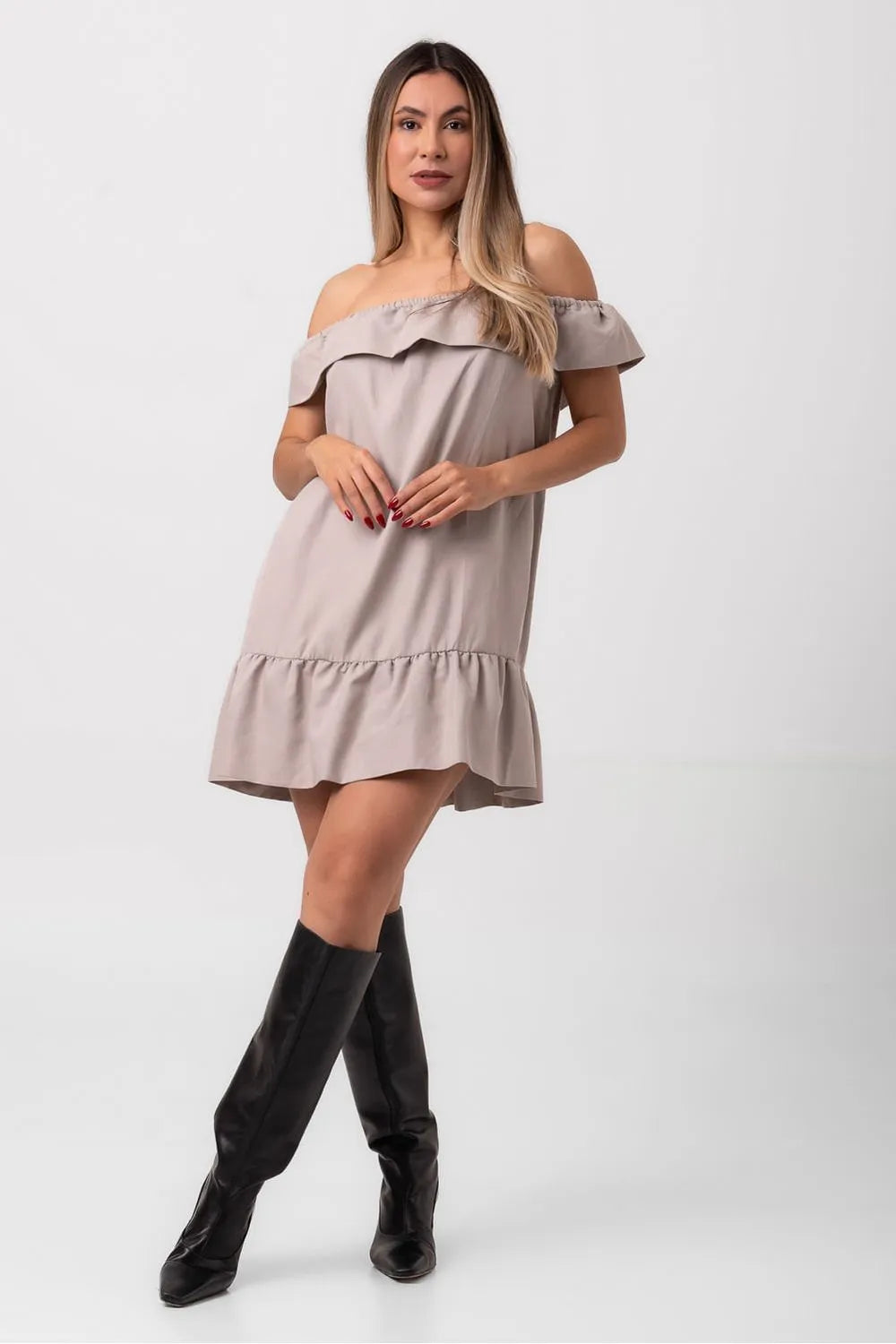 VESTIDO JACQUARD CURTO BALONÊ SUSPIRO BEGE PEQUIÁ