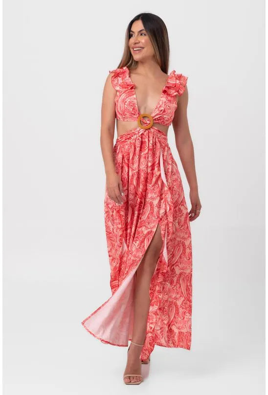 VESTIDO LONGO RECORTES LATERAIS ROSA