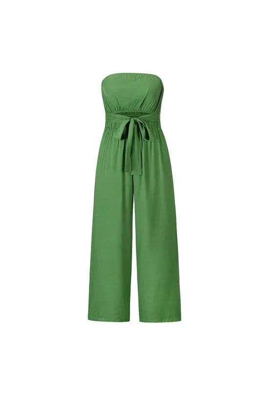 MACACÃO LONGO SEM ALÇAS, AMARRAÇÃO NA CINTURA VERDE