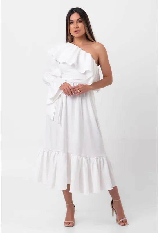 VESTIDO SUPER MIDI MANGA BUFANTE OFFWHITE LABRAVA