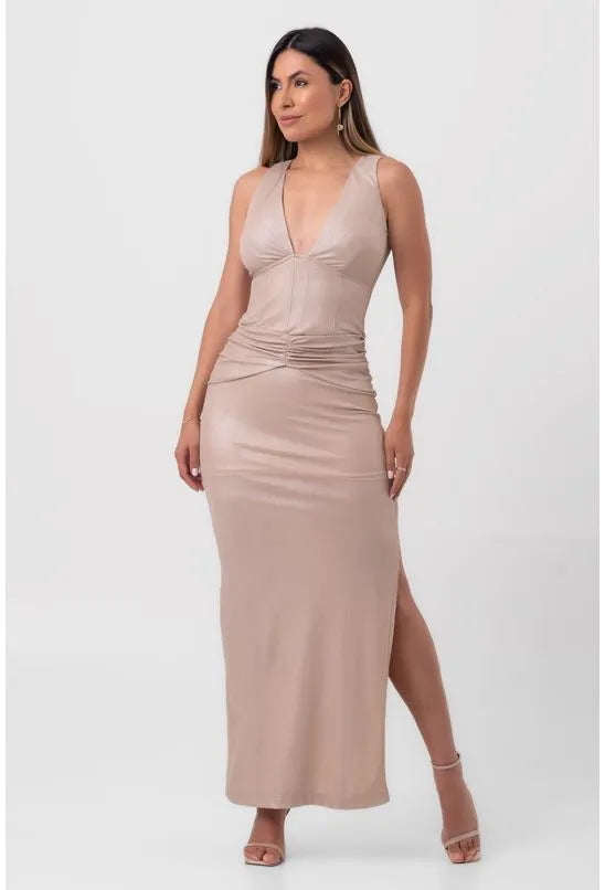 VESTIDO LUREX LONGO BEGE LABRAVA