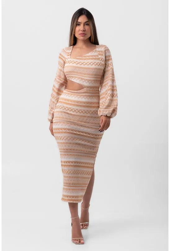 VESTIDO BORDADO MIDI ASSIMÉTRICO ETNIA BEGE LABRAVA