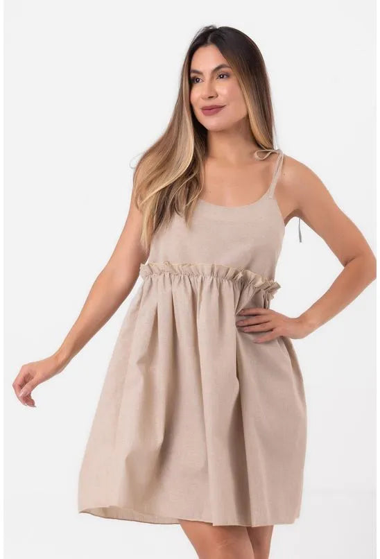 VESTIDO CURTO LINHO AMPLO ALÇAS AMARRÇÃO BEGE