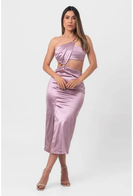 VESTIDO SATIN MIDI ARGOLAS E RECORTES VAZADOS ROXO LABRAVA
